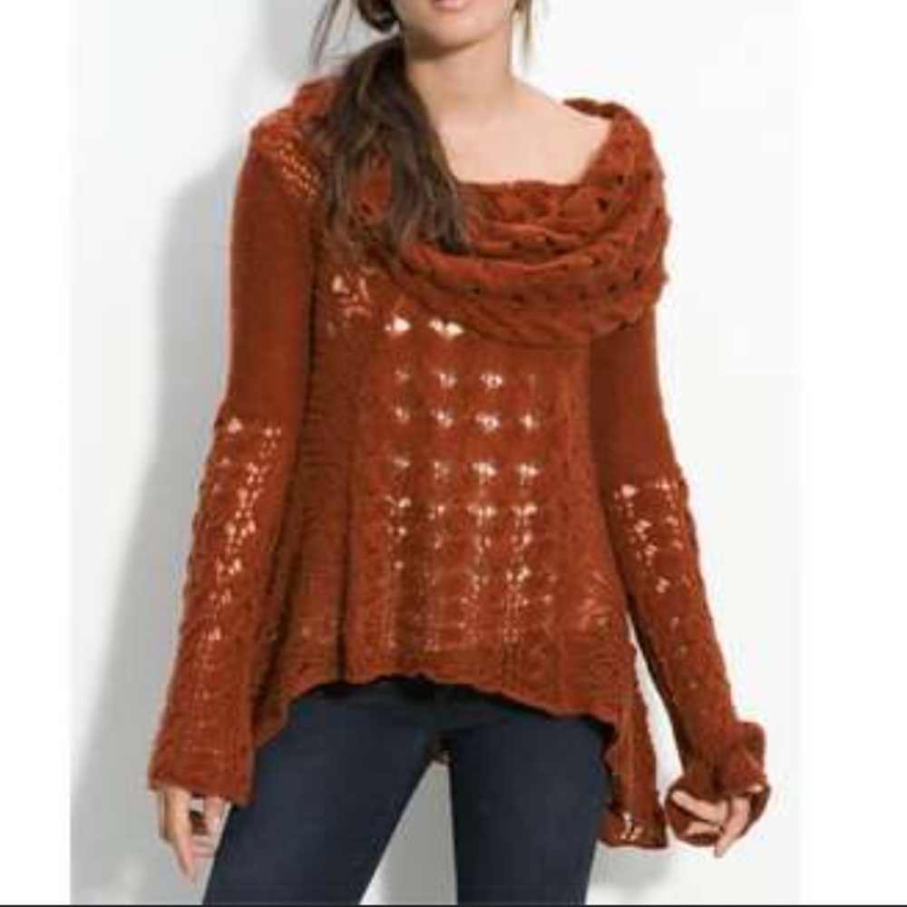 Free People Boho Wool Blend Tunic Sweater Top Open Knit Cowl Neck Bell Sleeves
